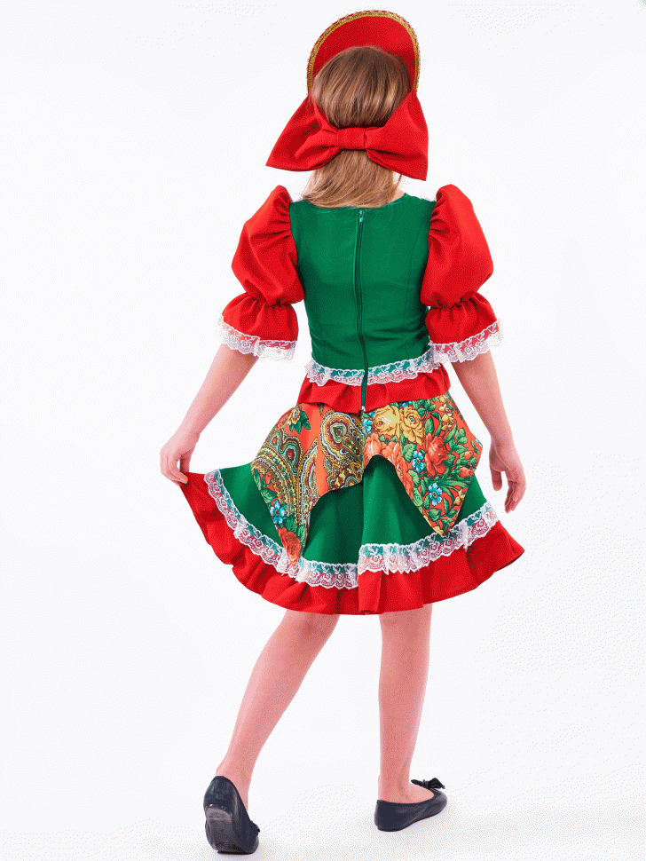 Русский народный костюм "Кадриль с кокошником" детский зеленый с красным