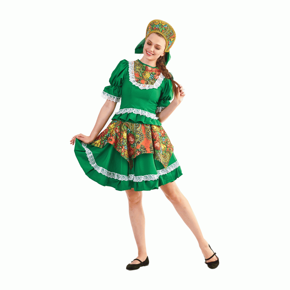 Русский народный костюм "Кадриль с кокошником" взрослый зелёный