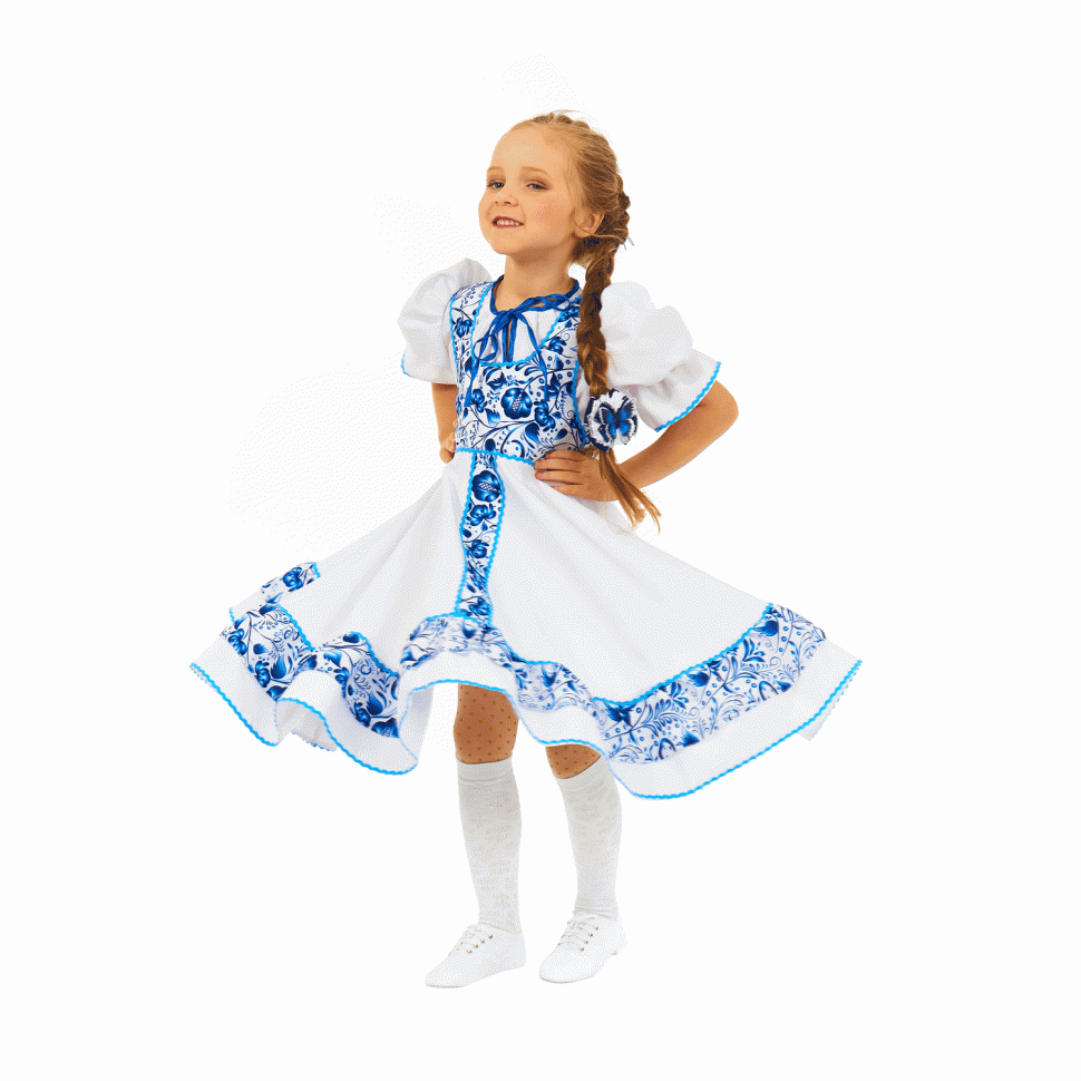 "Гжель плясовая белая" Русский народный костюм для девочки