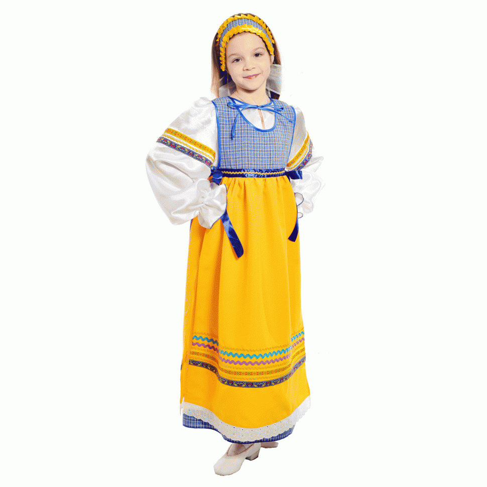 Русский народный костюм с фартуком детский синий  Р106